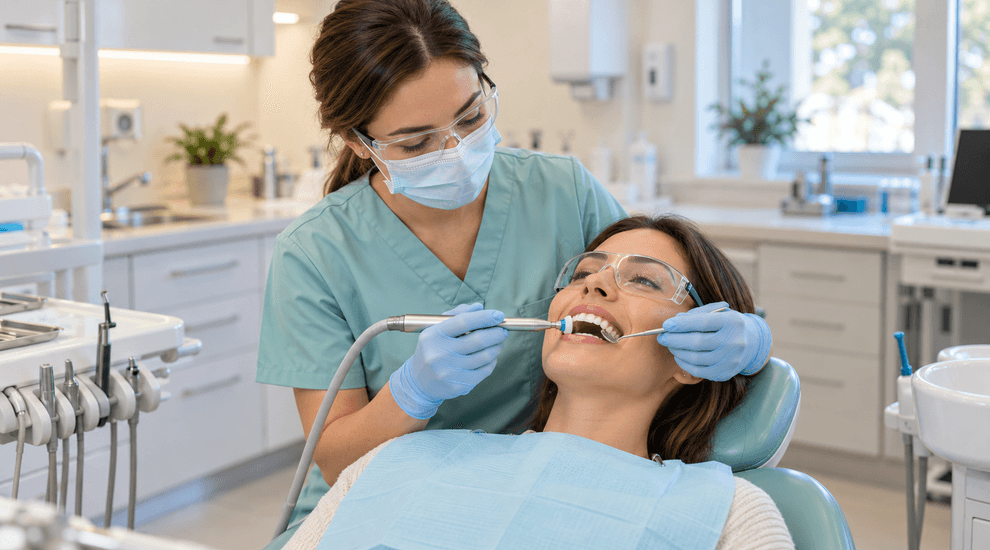 Dental hygienist cleaning a patient's teeth during a hygiene appointment